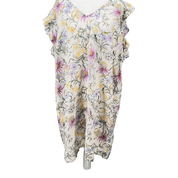 Joie 100% Linen Floral Ruffle Sleeve V-Neck Dress White Multicolor 1X Boho euc - Picture 1 of 11